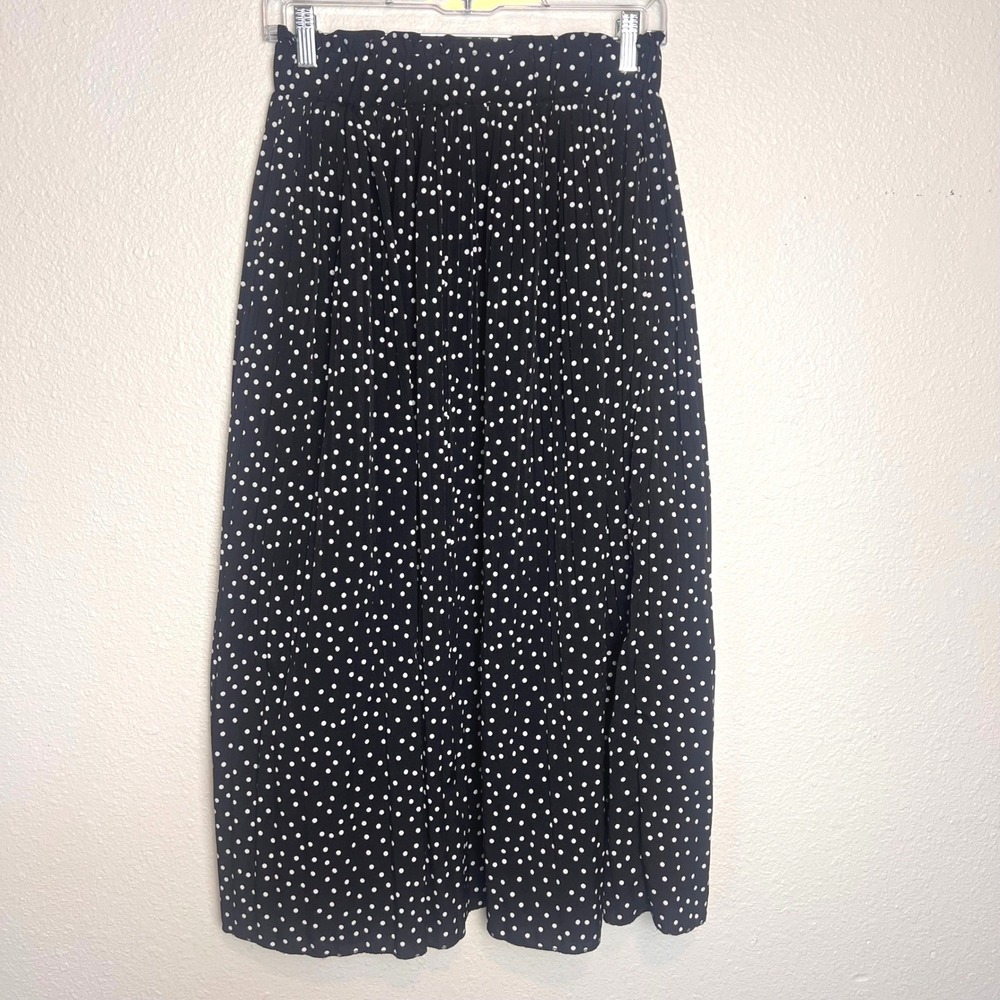 SIMLU Black White Polka Dot Pleated Midi Skirt Small Pockets S480
